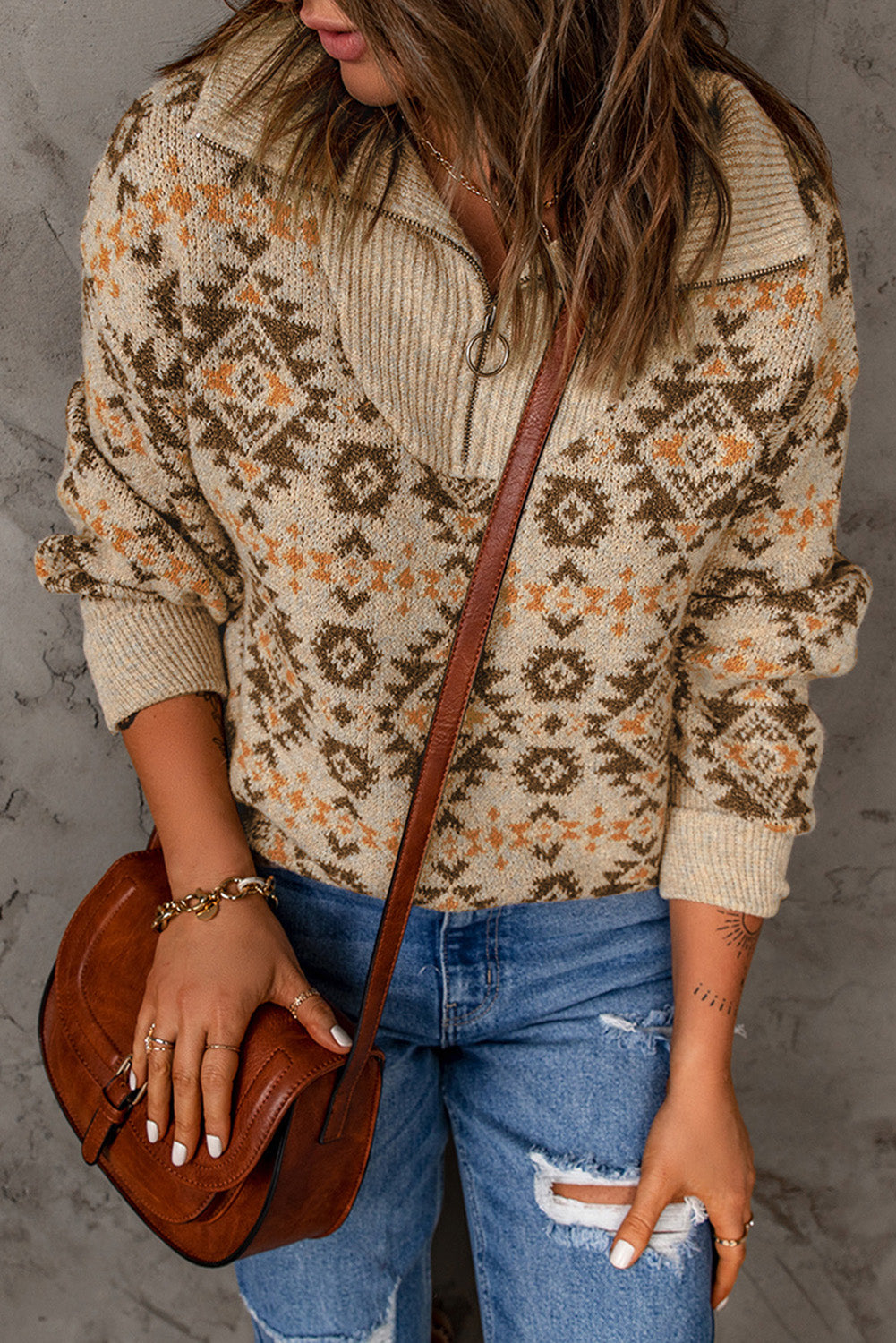 Khaki Aztec pleten pulover z zadrgo na ramenih