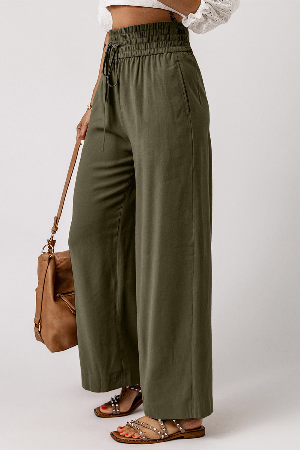 Pantalon large décontracté à taille élastique avec cordon de serrage vert marron