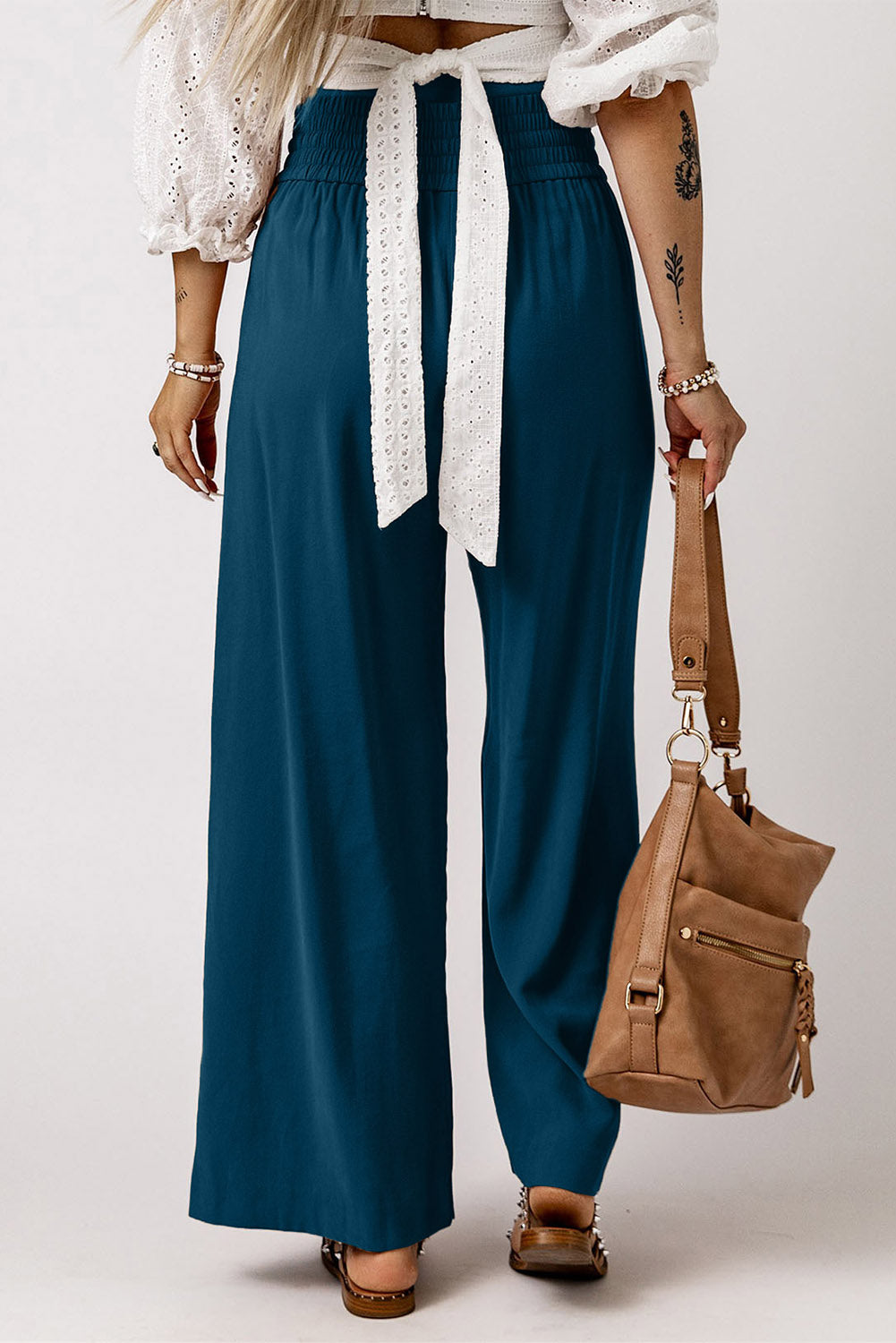 Pantalon large décontracté à taille élastique avec cordon de serrage bleu