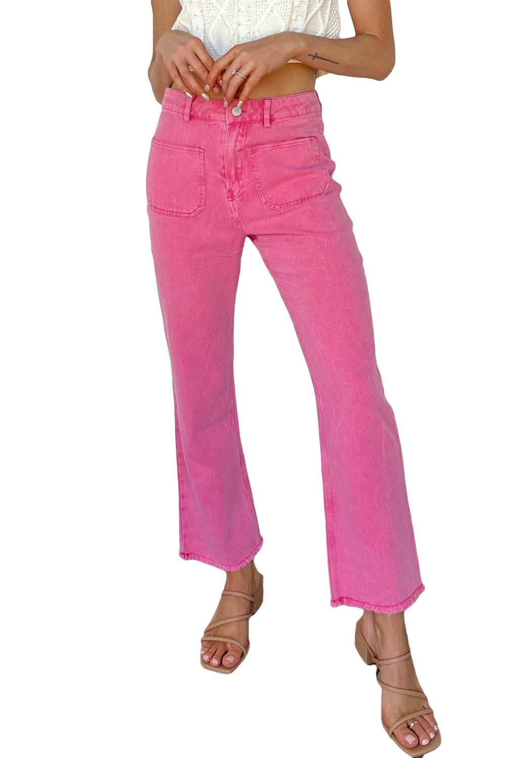 Rosa knöchellange Jeans mit ausgestelltem Bein und ungesäumtem Saum