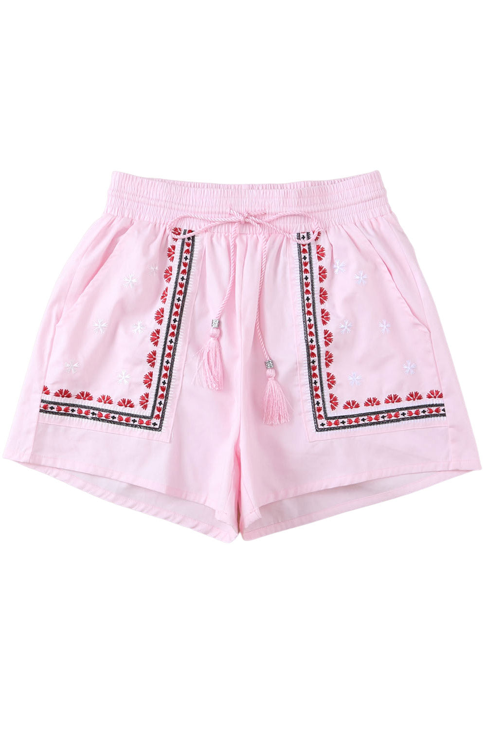 Rosafarbene Boho-Shorts mit Blumenstickerei, Quasten und Kordelzug an der Taille