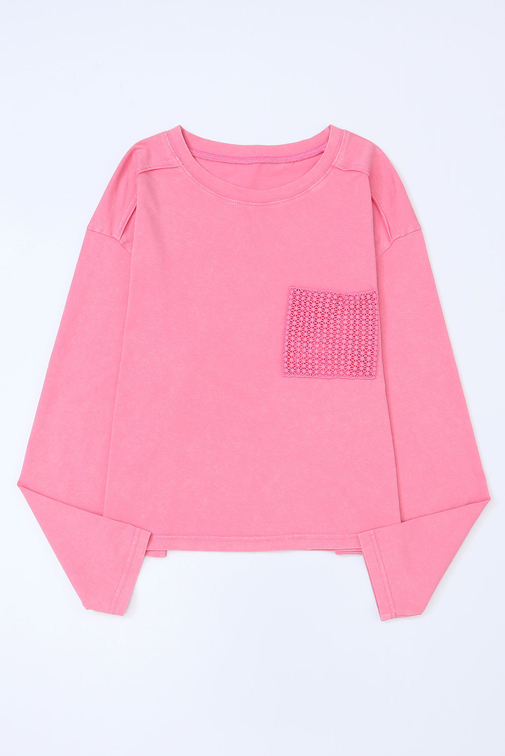 Rosafarbenes, langärmliges T-Shirt mit aufgesetzter Tasche und Spitze