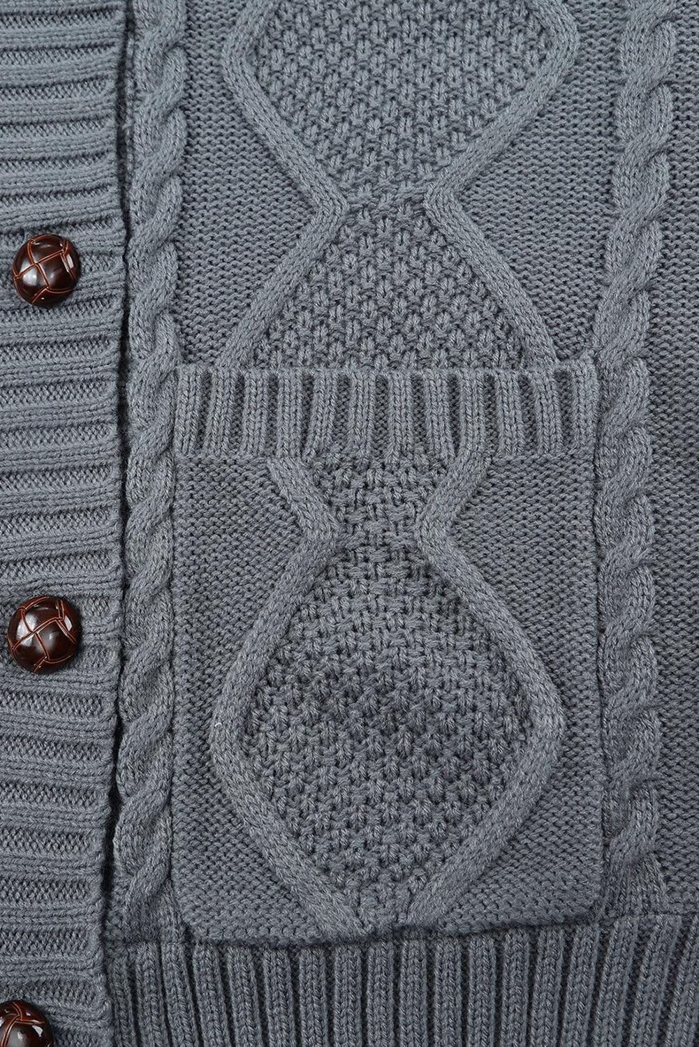 Sivi pleteni kardigan s kapuljačom i otvorenom prednjom stranom