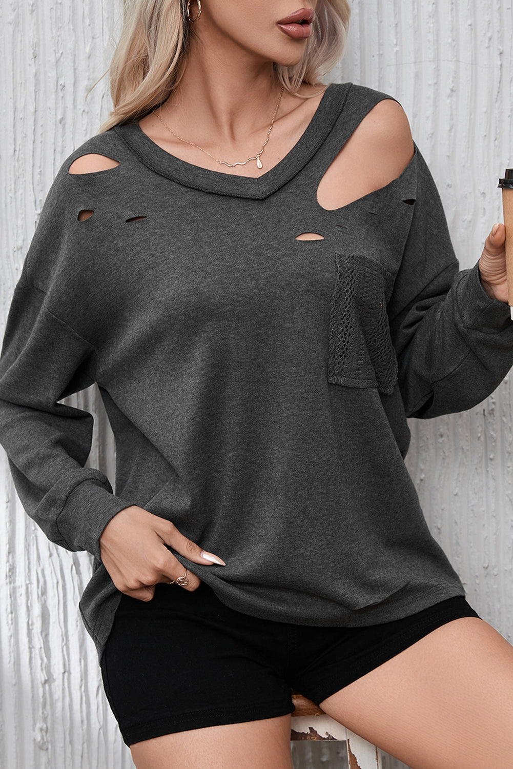 Gray Distressed V Neck Patch Pocket Long Sleeve Top