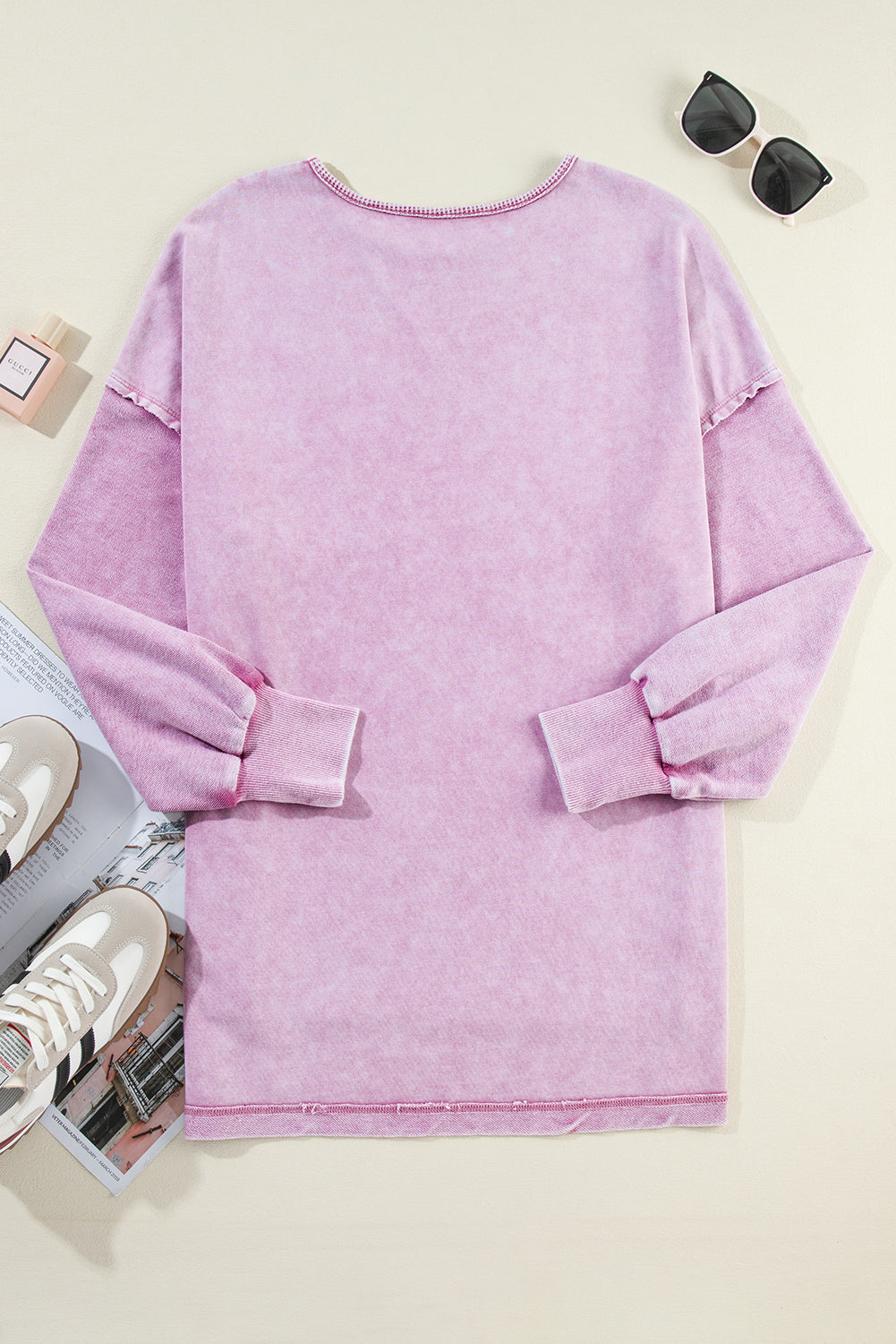 Felpa pullover con spalla abbassata lavaggio minerale rosa fragola