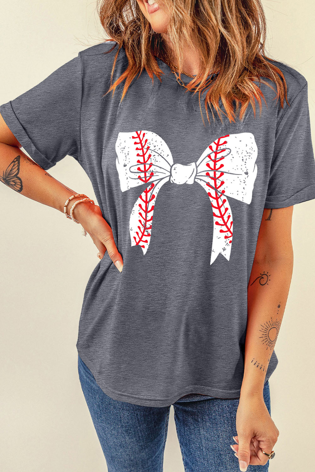 Rose Red Baseball Bowknot Graphic Casual Tee