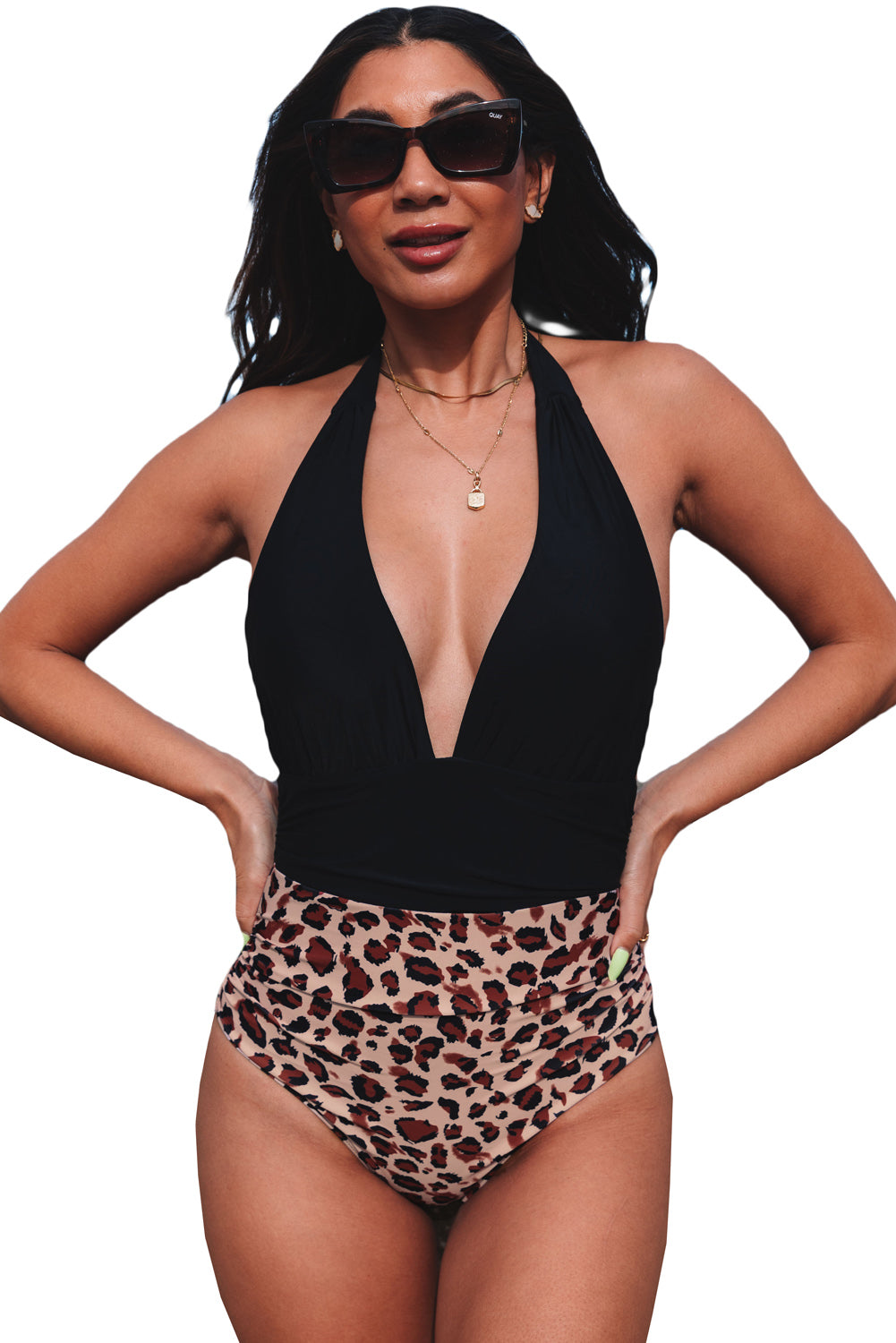 Jednodijelni kupaći kostim s dubokim V izrezom, donji dio leoparda u boji