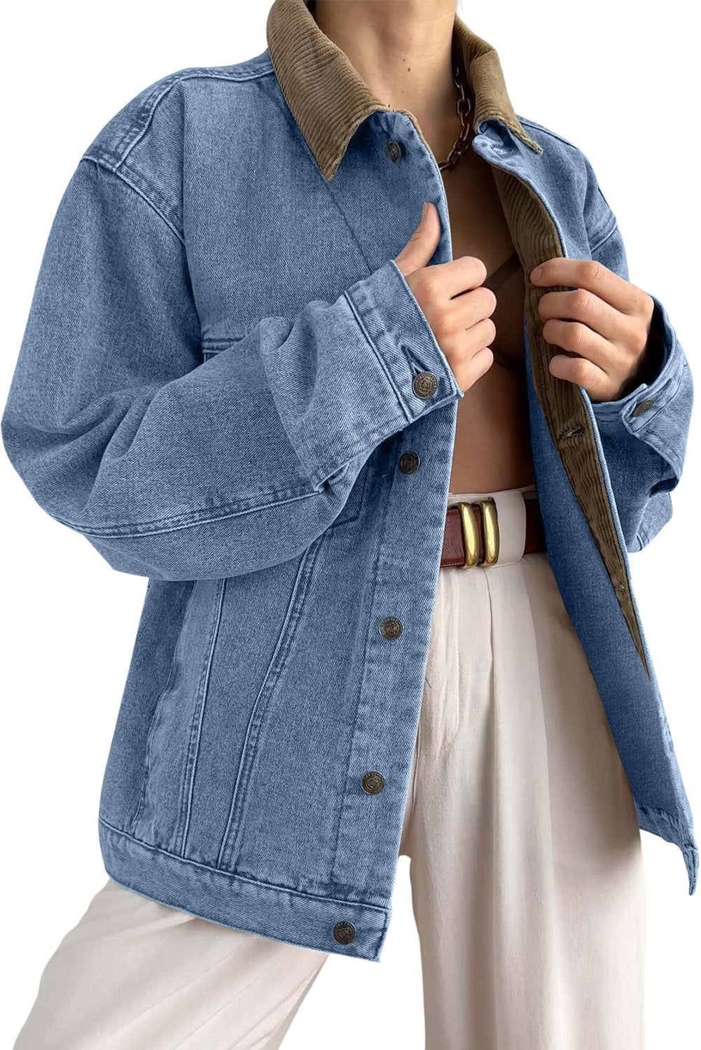 Veste en jean bleu ciel vintage à col en velours côtelé