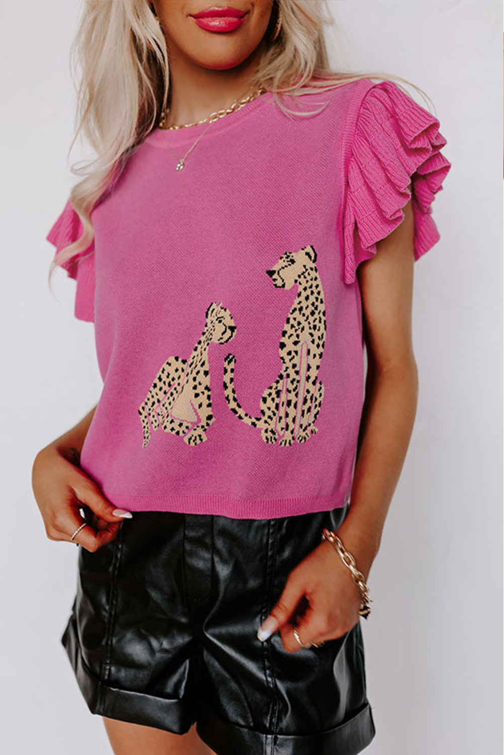 Maglione lavorato a maglia girocollo con maniche a volant leopardo rosa