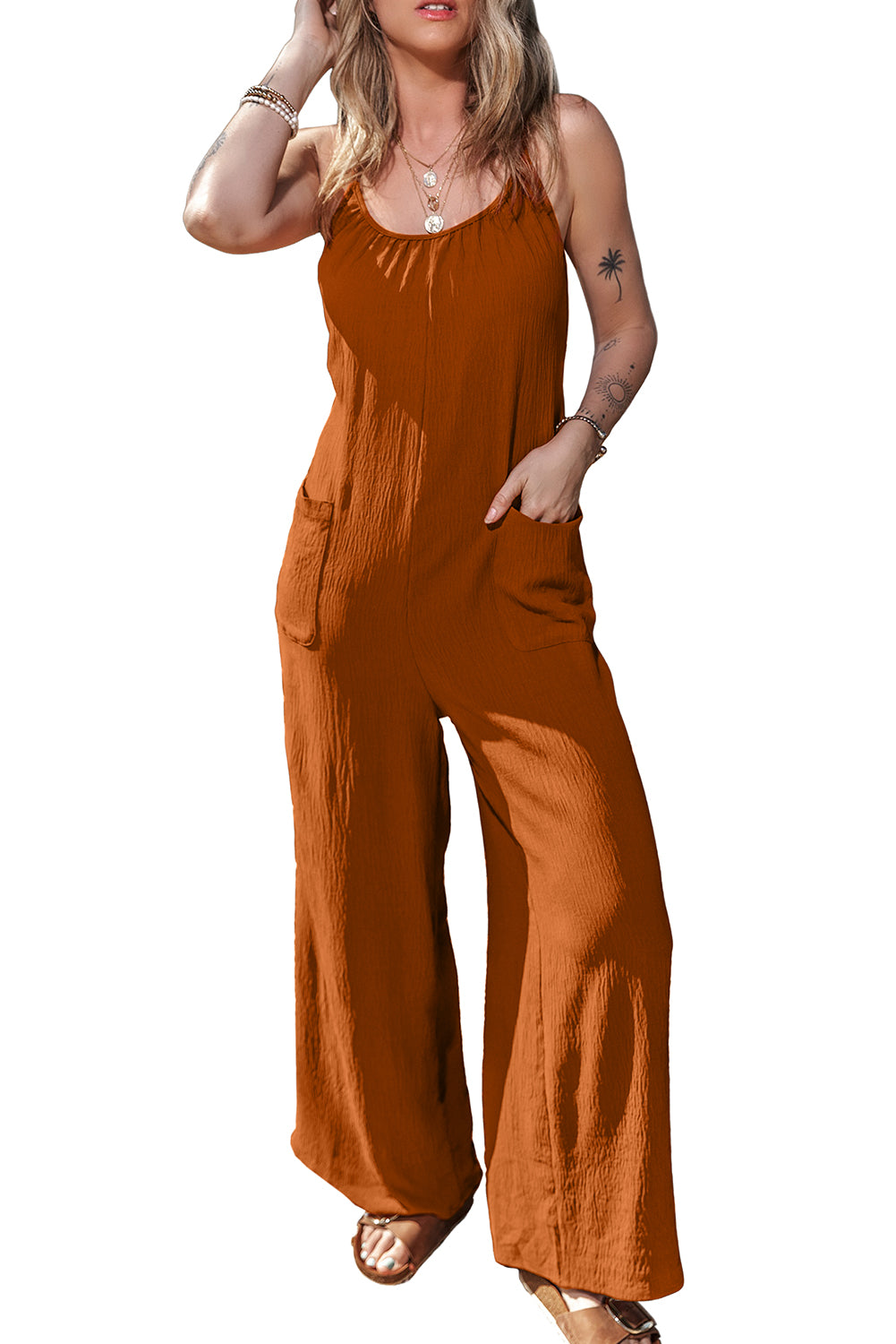 Chestnut Spaghetti Straps Waist Tie Wide Leg Jumpsuit with Pockets