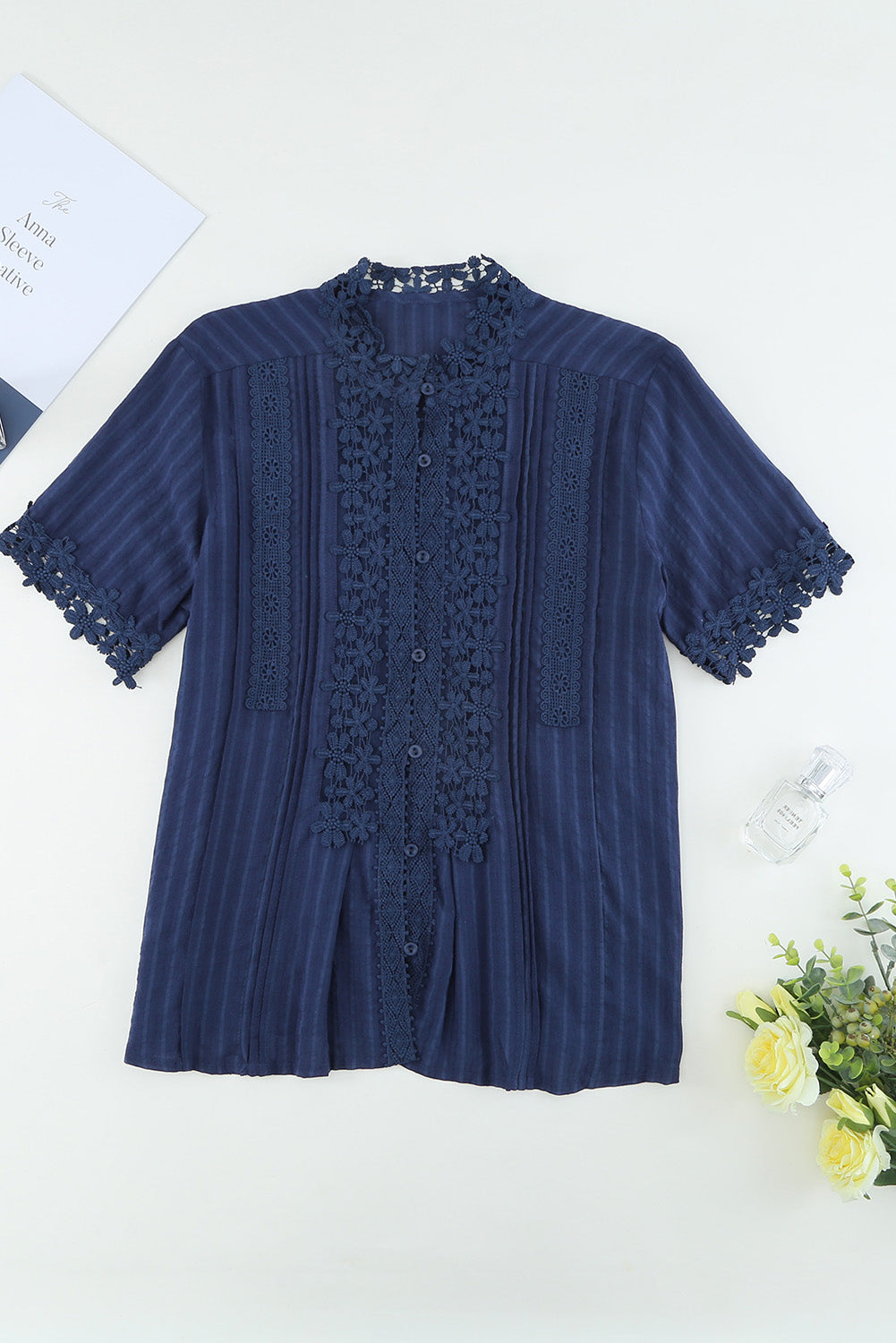 Blue Crochet Hollow-out Lace Splicing Short Sleeve Top