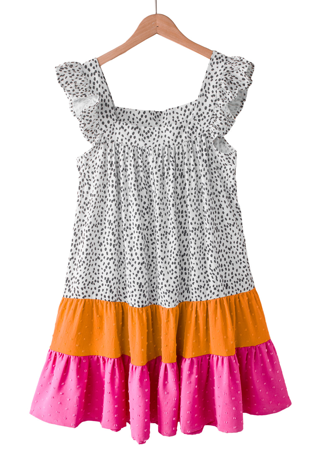 Mini-robe léopard color block à pois suisses, manches flottantes, col carré