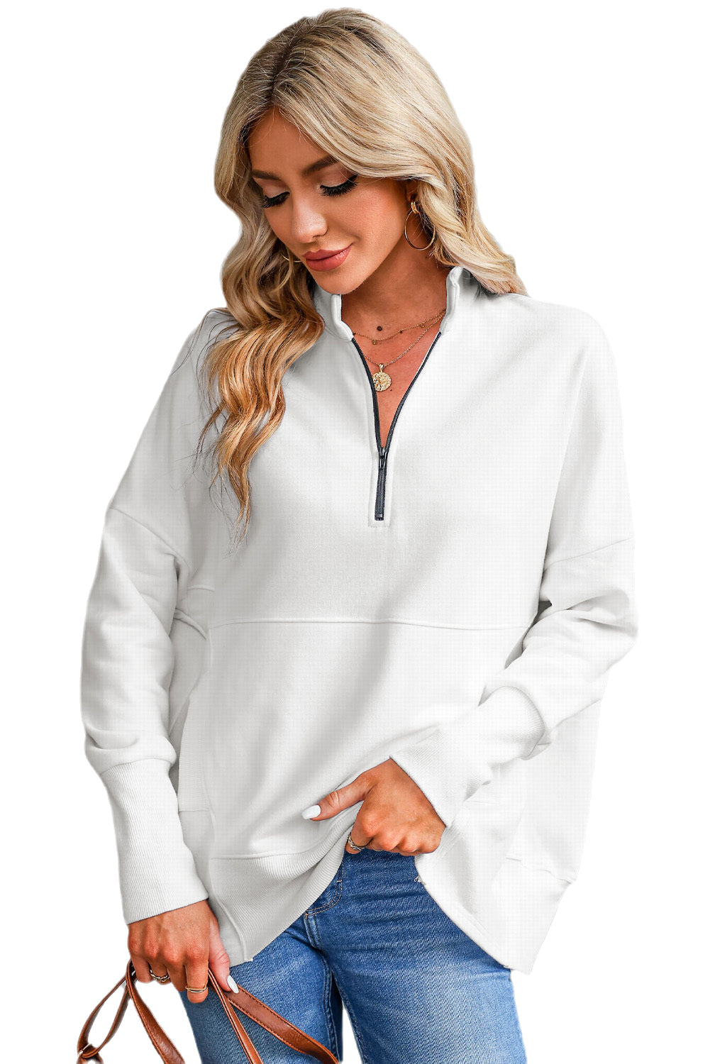 Weißes, übergroßes Pullover-Sweatshirt mit Viertelreißverschluss