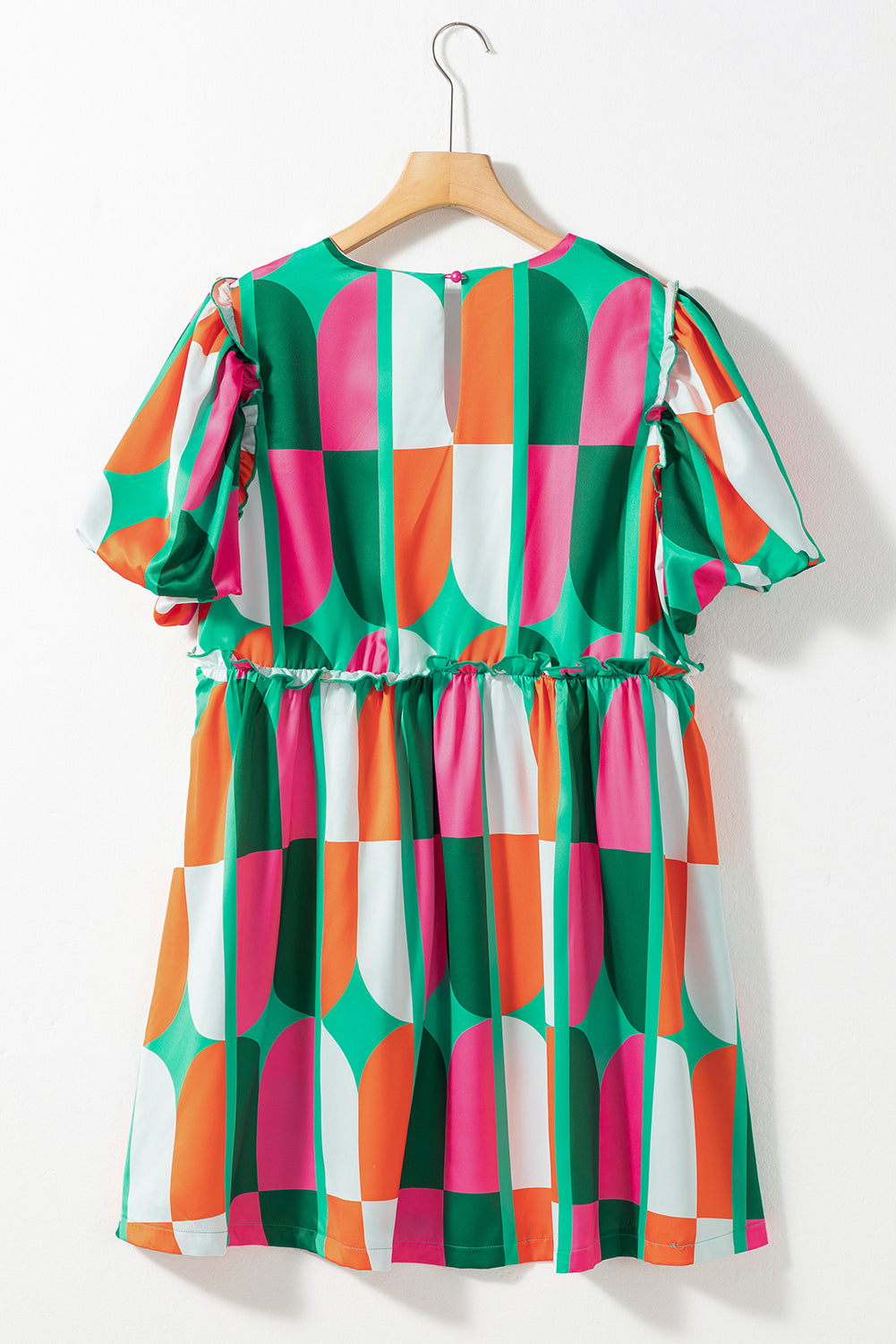 Green Abstract Print Puff Sleeve Short Dress