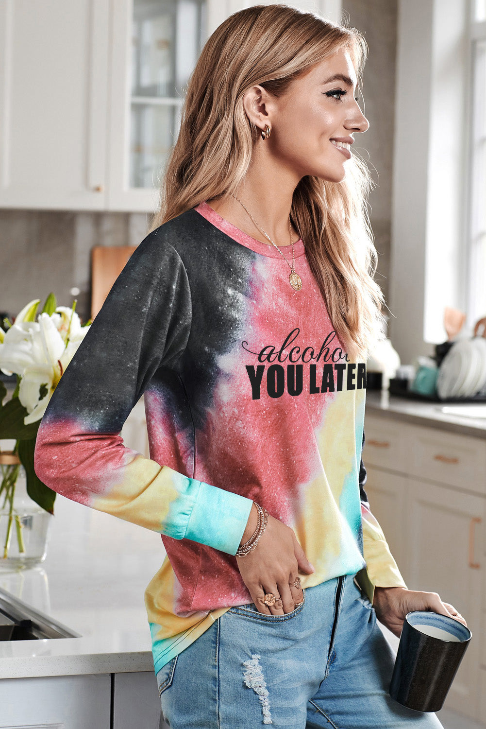 Tie Dyed Letter Print Long Sleeve Pullover Sweatshirt