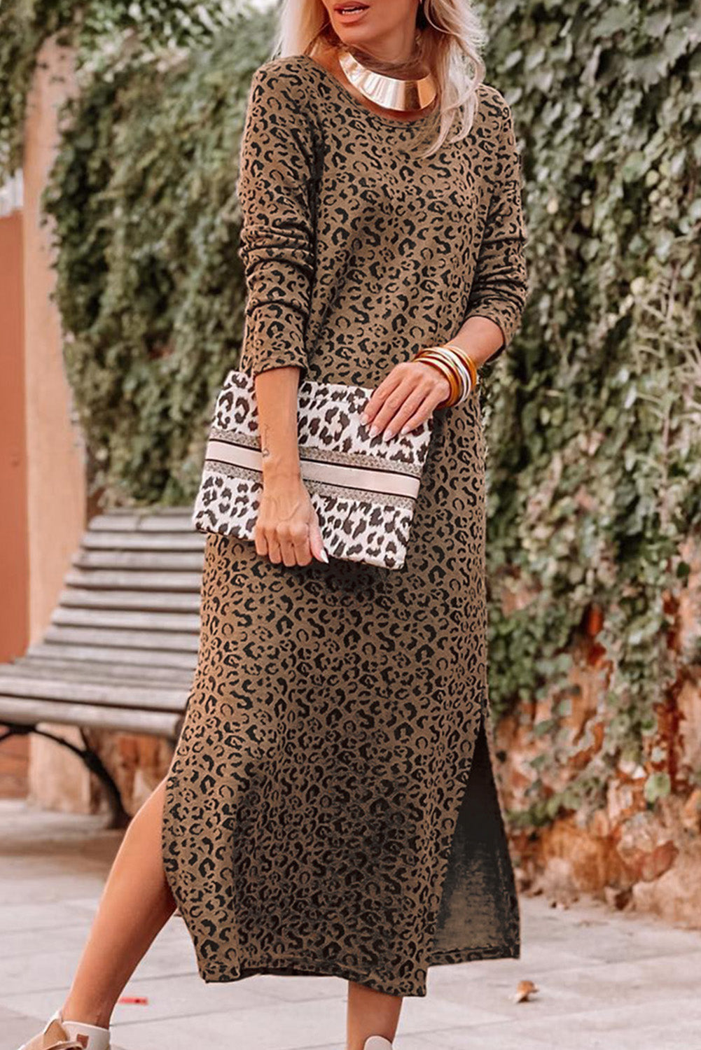 Leopard haljina s dugim rukavima i okruglim izrezom