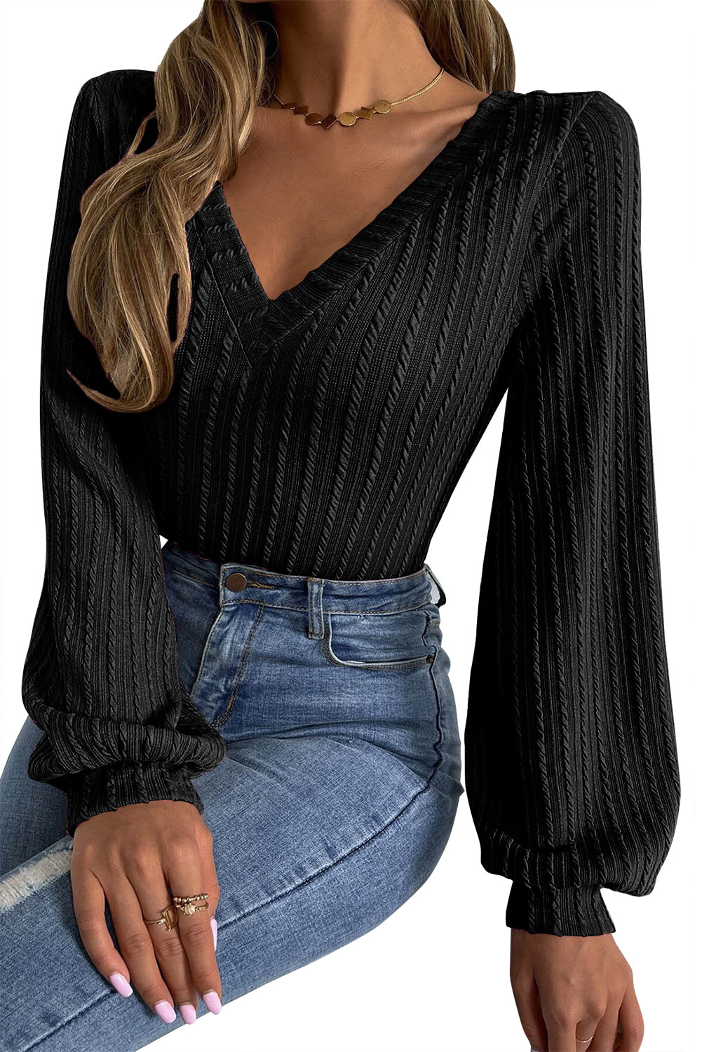 Črna pletena majica z rokavi iz žakarda z V izrezom