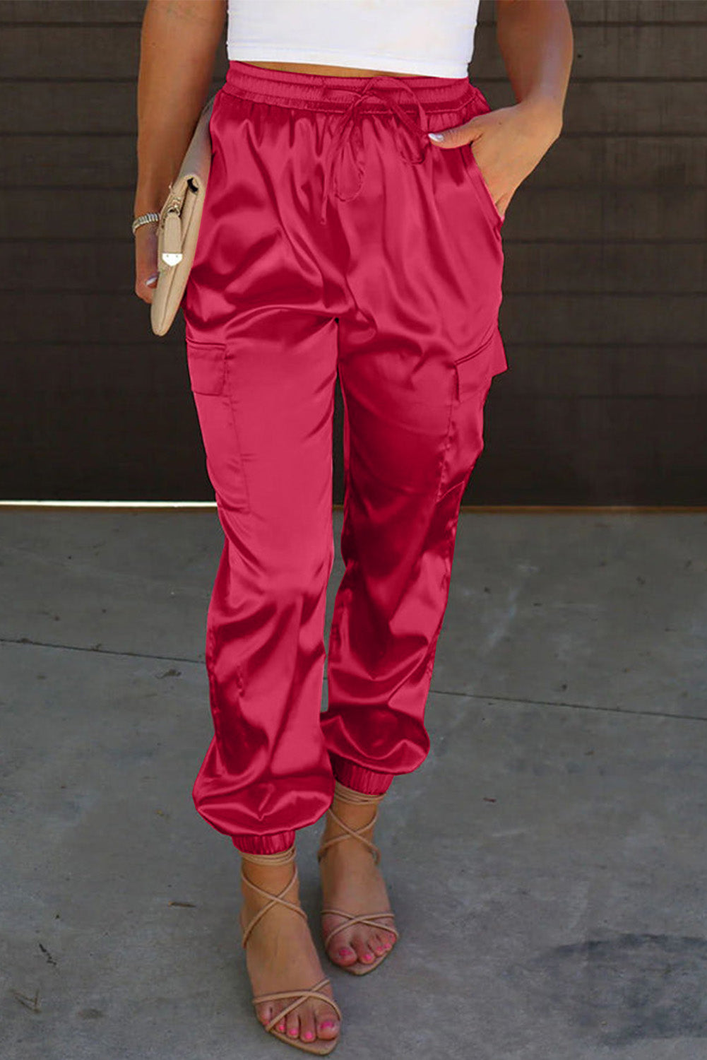 Pantalon taille élastique avec cordon de serrage et poches en satin rose