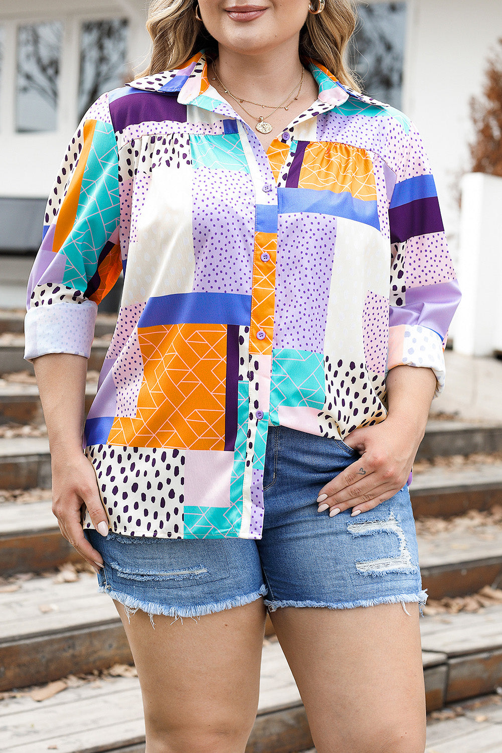 Chemise Boutonnée à Imprimés Mixtes Multicolore Grande Taille