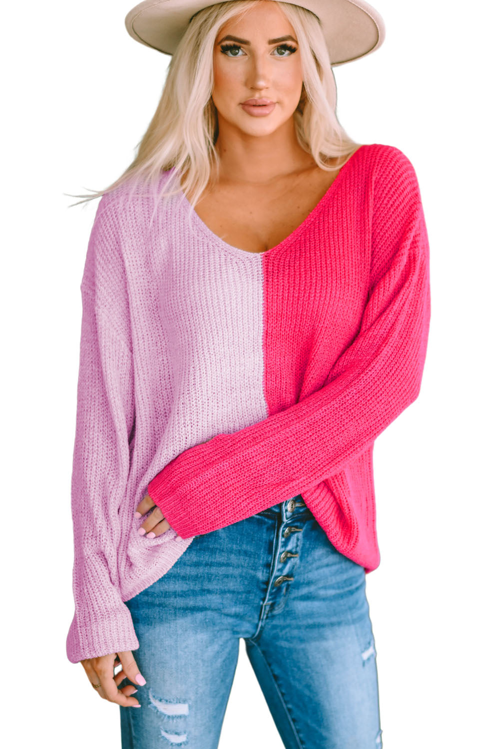Kaki džemper dugih rukava s V-izrezom u boji
