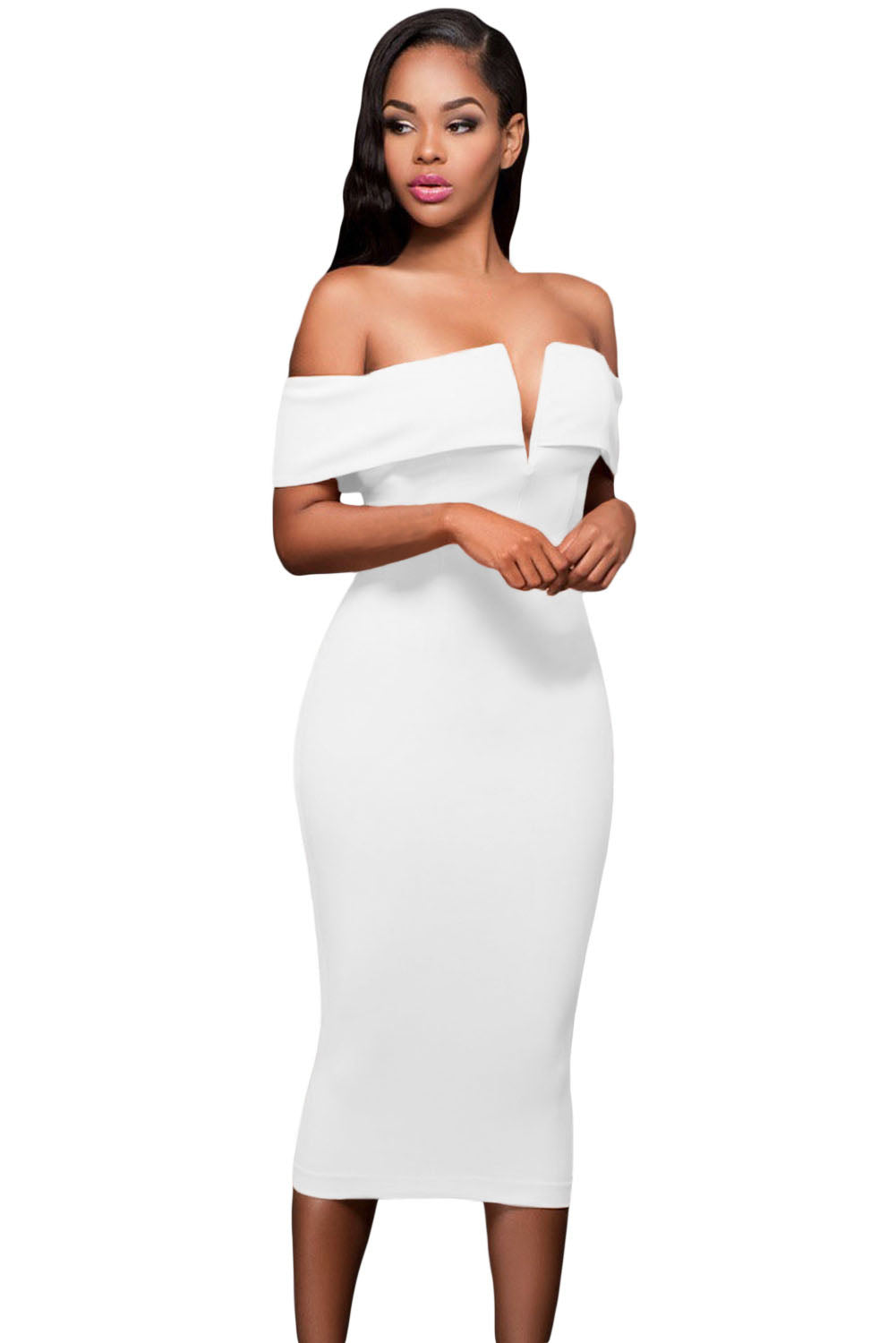 Bijela midi haljina s otvorenim ramenima