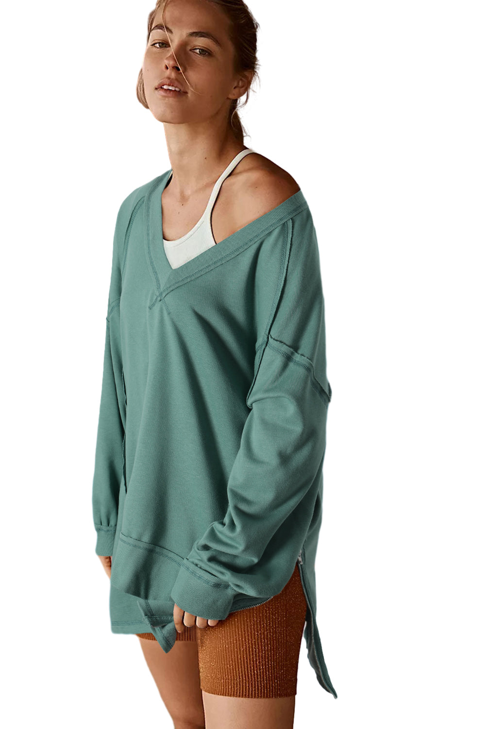 Sweat-shirt ample vert à coutures apparentes, haut et bas, col en V