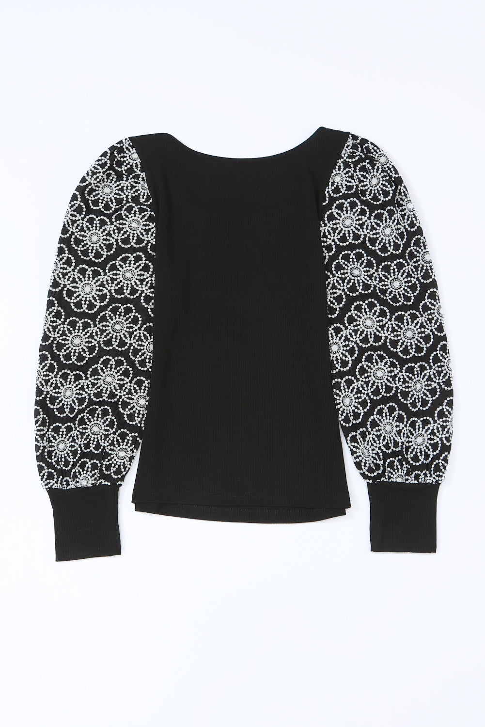 Black Flower Puff Sleeve Ribbed Knit Top