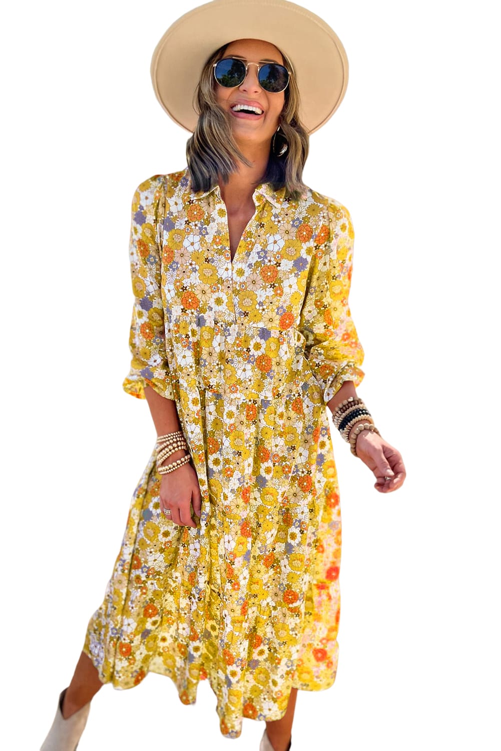 Robe jaune à volants et manches longues à col floral style bohème