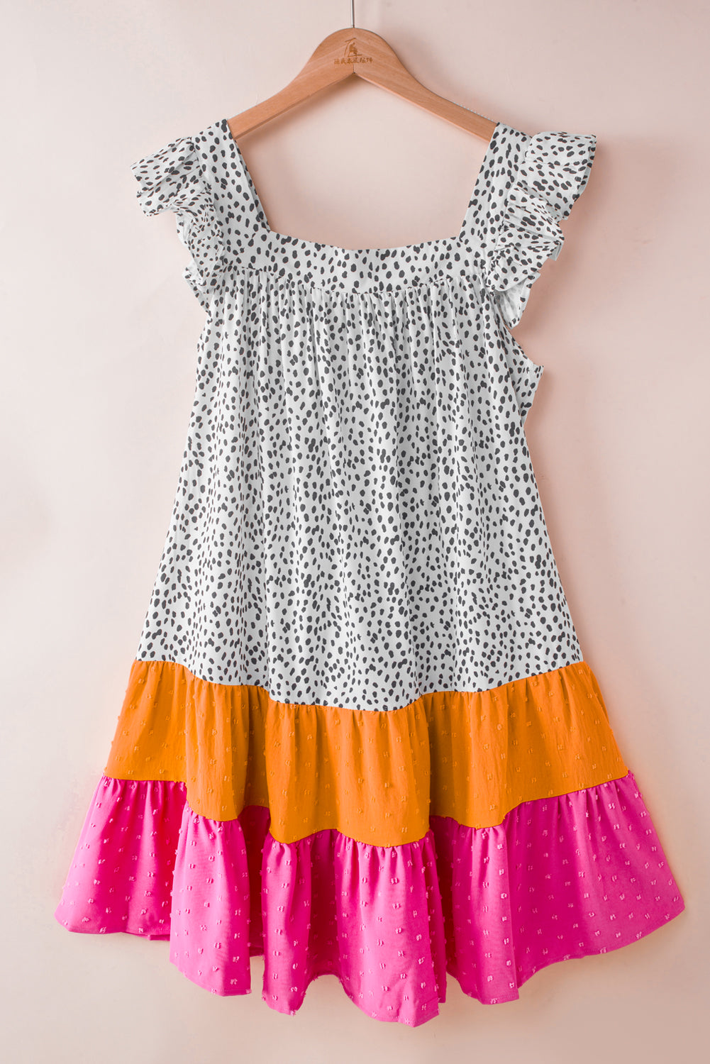 Mini-robe léopard color block à pois suisses, manches flottantes, col carré