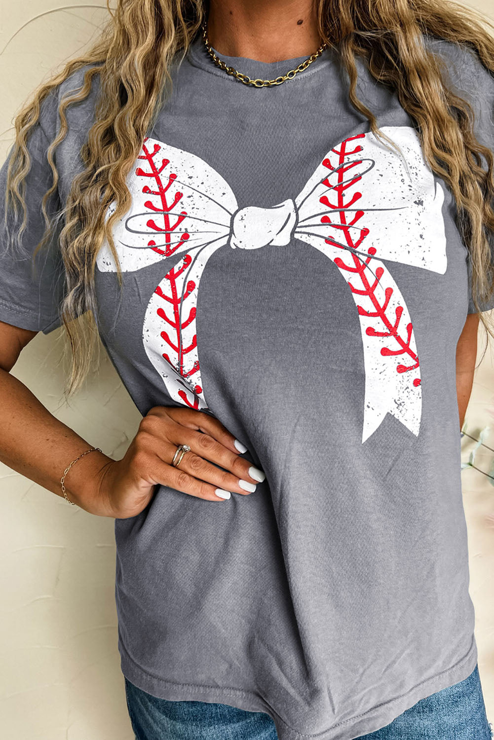 Rose Red Baseball Bowknot Graphic Casual Tee