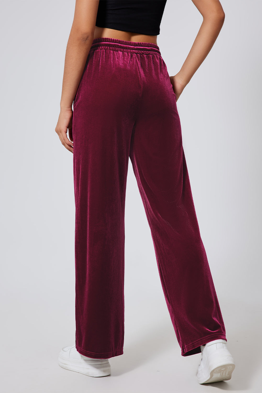 Pantalon large bordeaux uni à taille avec cordon de serrage