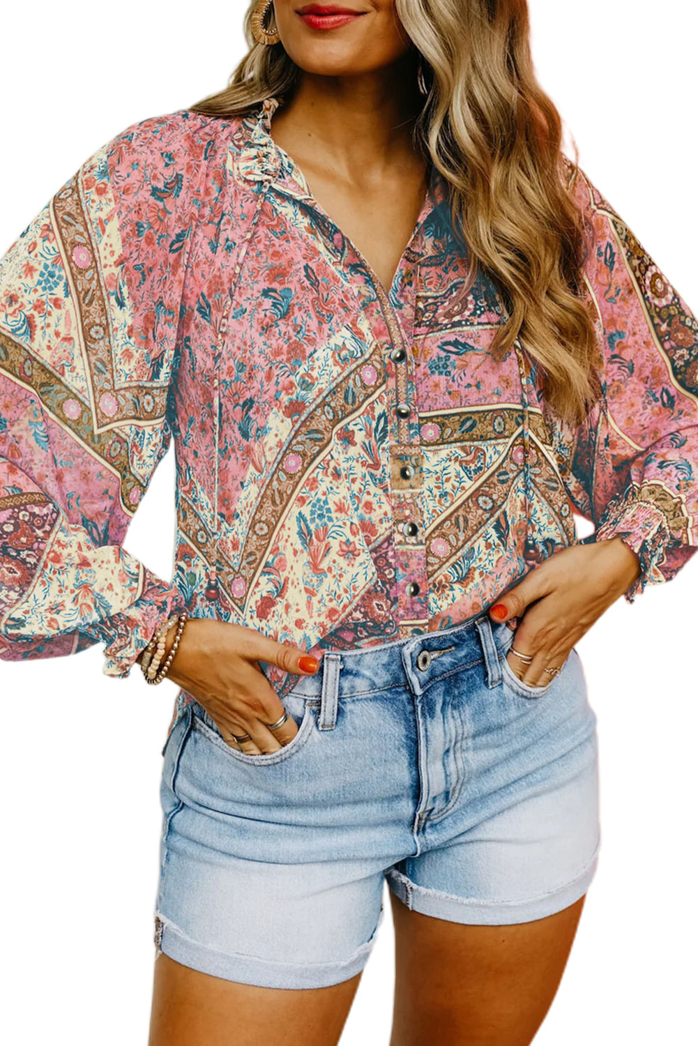 Camicia abbottonata con maniche a sbuffo con stampa floreale vintage color castagna