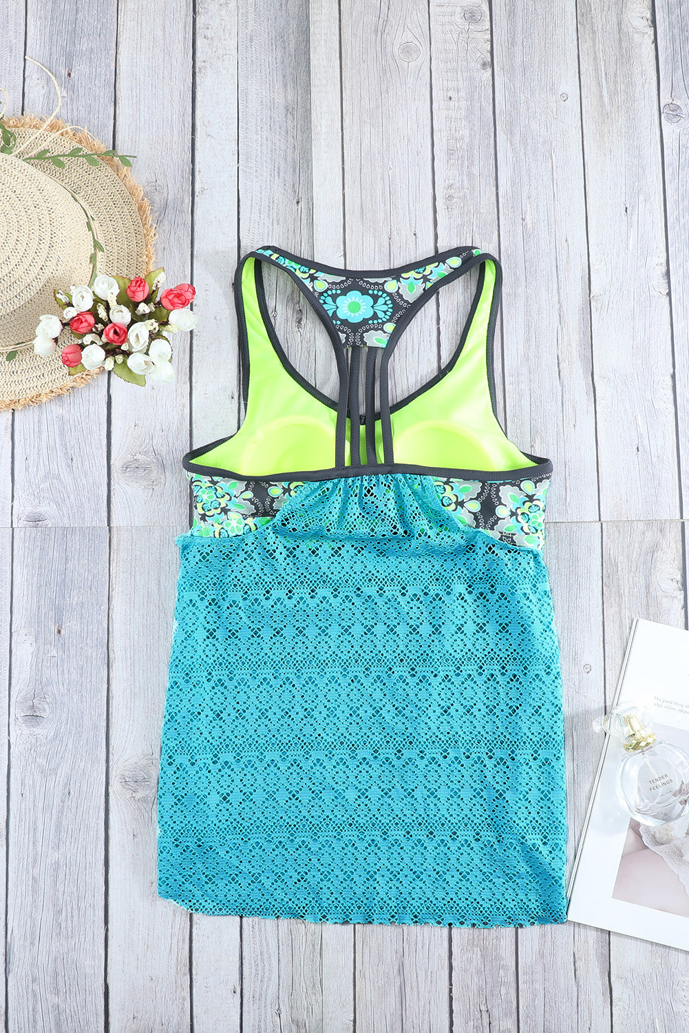 Green Printed Patchwork Vest Tankini Top