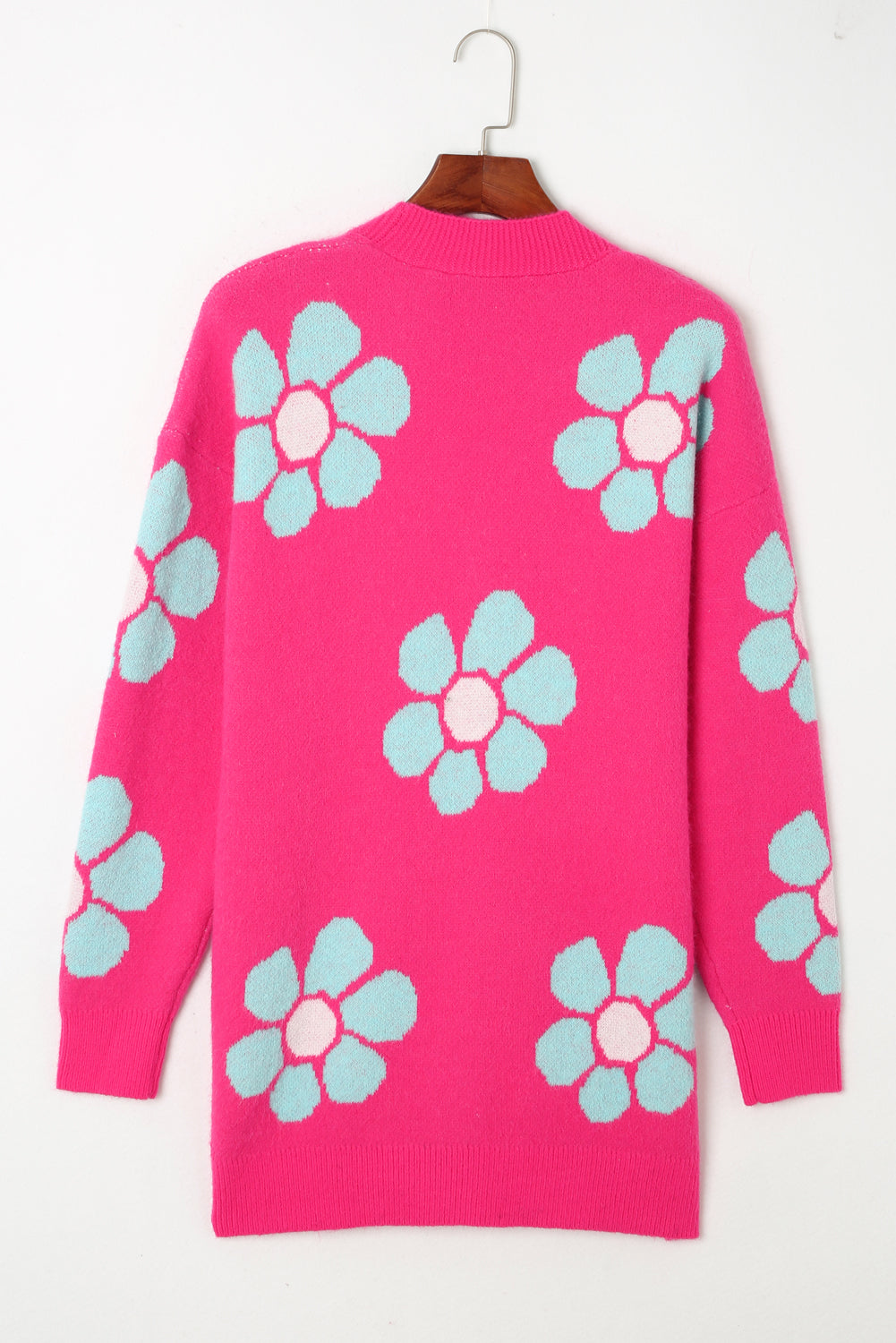 Cardigan tricoté boutonné à imprimé floral rose fraise