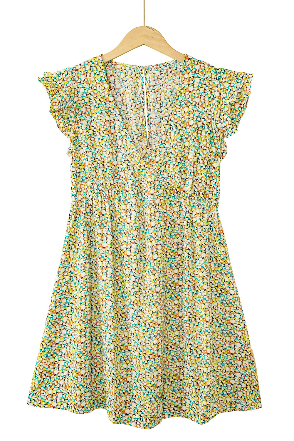 Mehrfarbiges Babydoll-Kleid mit Rüschen und V-Ausschnitt und Blumendruck