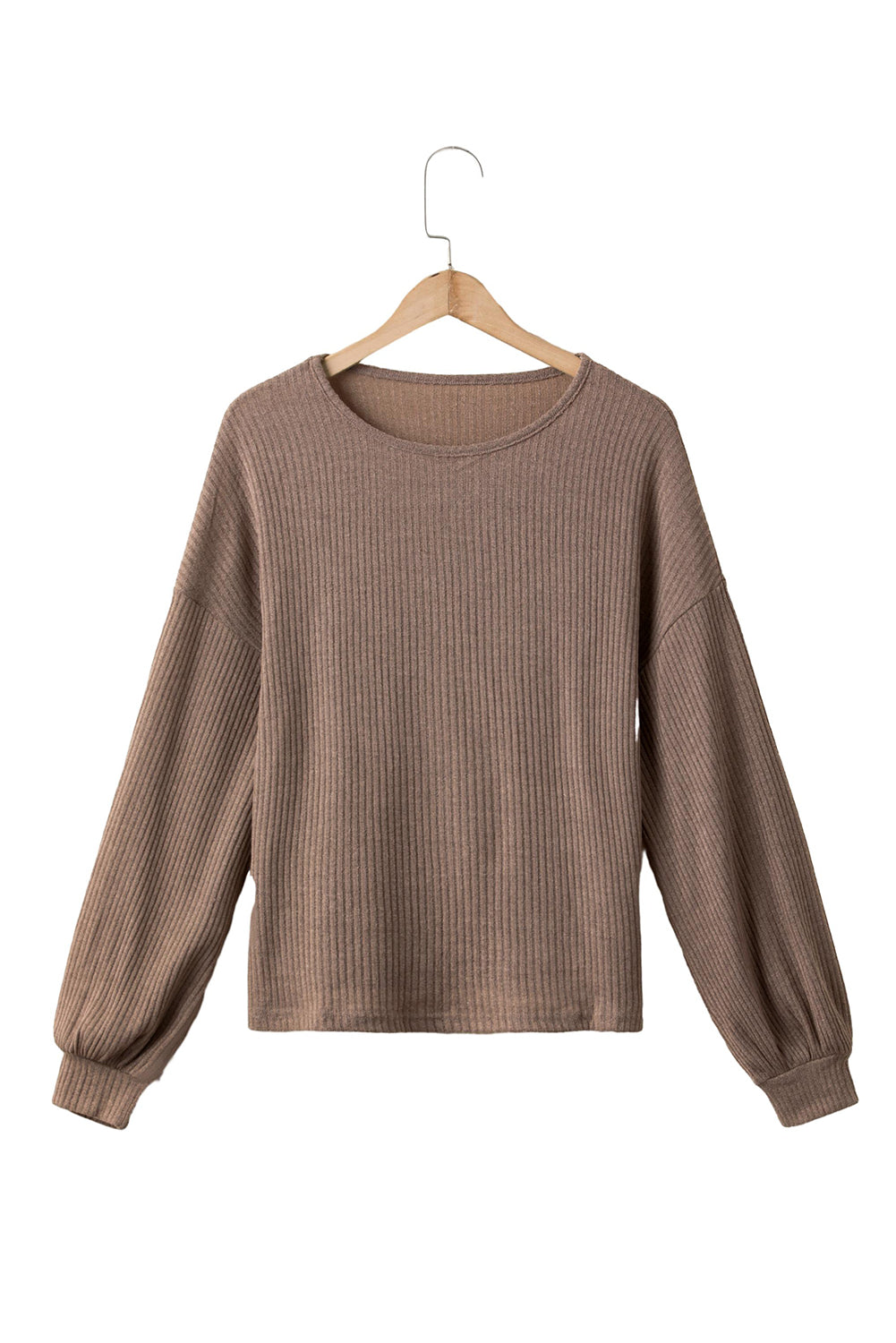 Khaki Drop Shoulder Bubble Sleeve Ribbed Knit Top