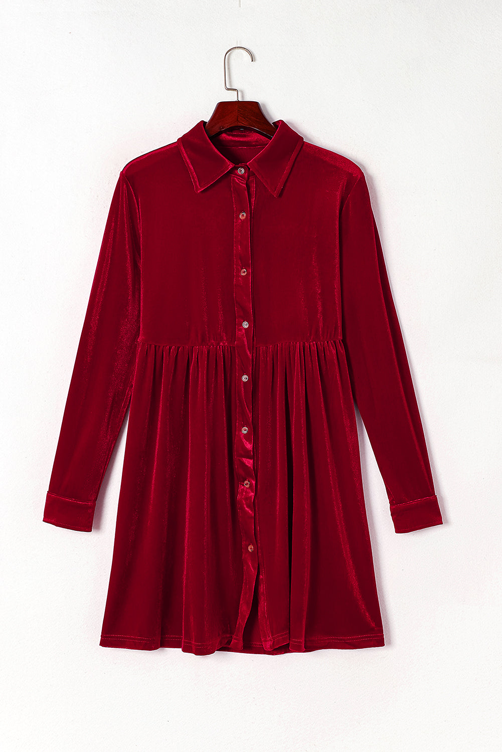 Feuriges, rotes, langärmliges, geknöpftes Kleid aus Samt mit Rüschen
