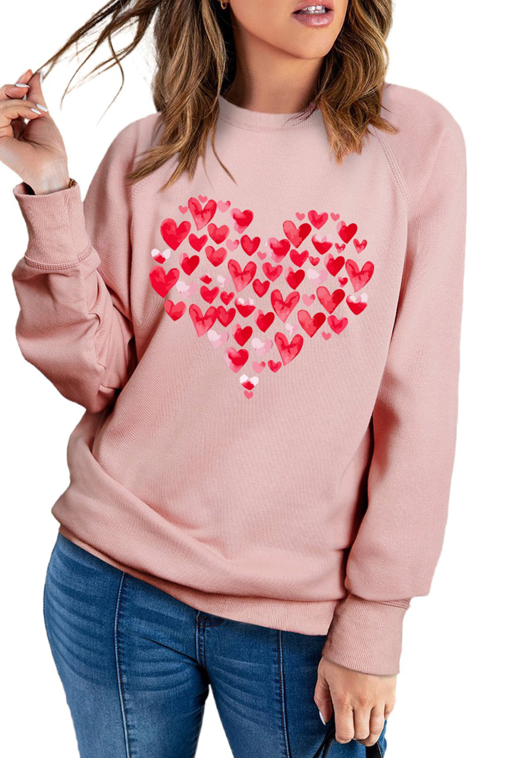 Pink Heart-shaped Print Crew Neck Long Sleeve Pullover Sweatshirt