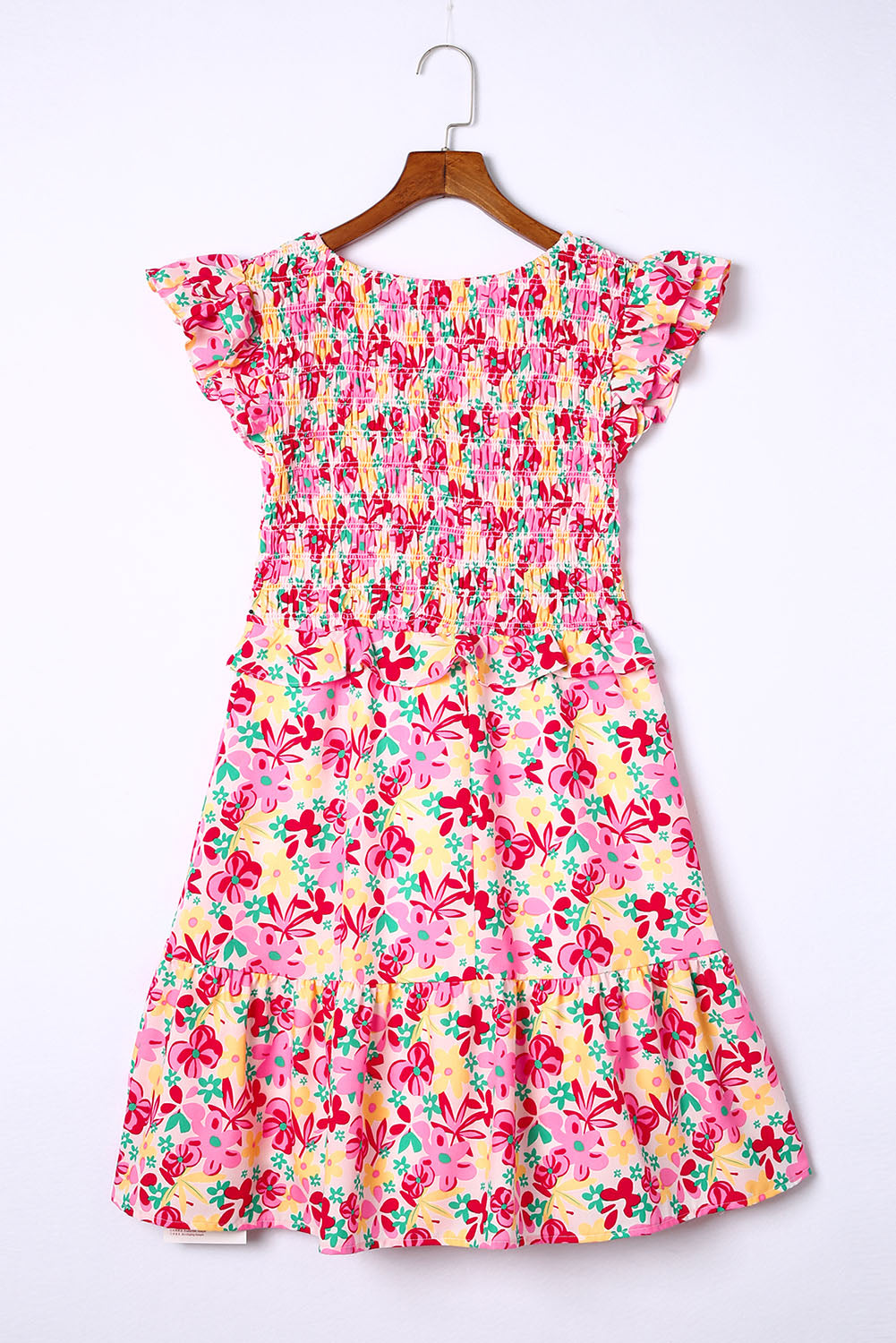 Večbarvna obleka s cvetličnim prirezkom in naborki