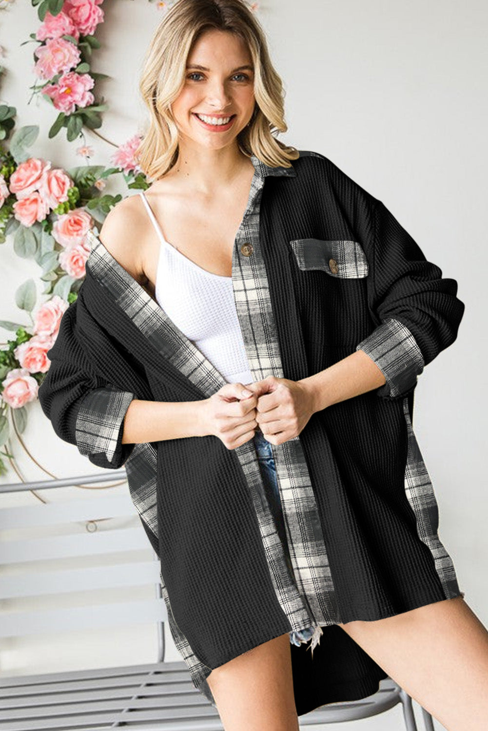 Apricot Plaid Patchwork Waffle Thermal Knit Shacket