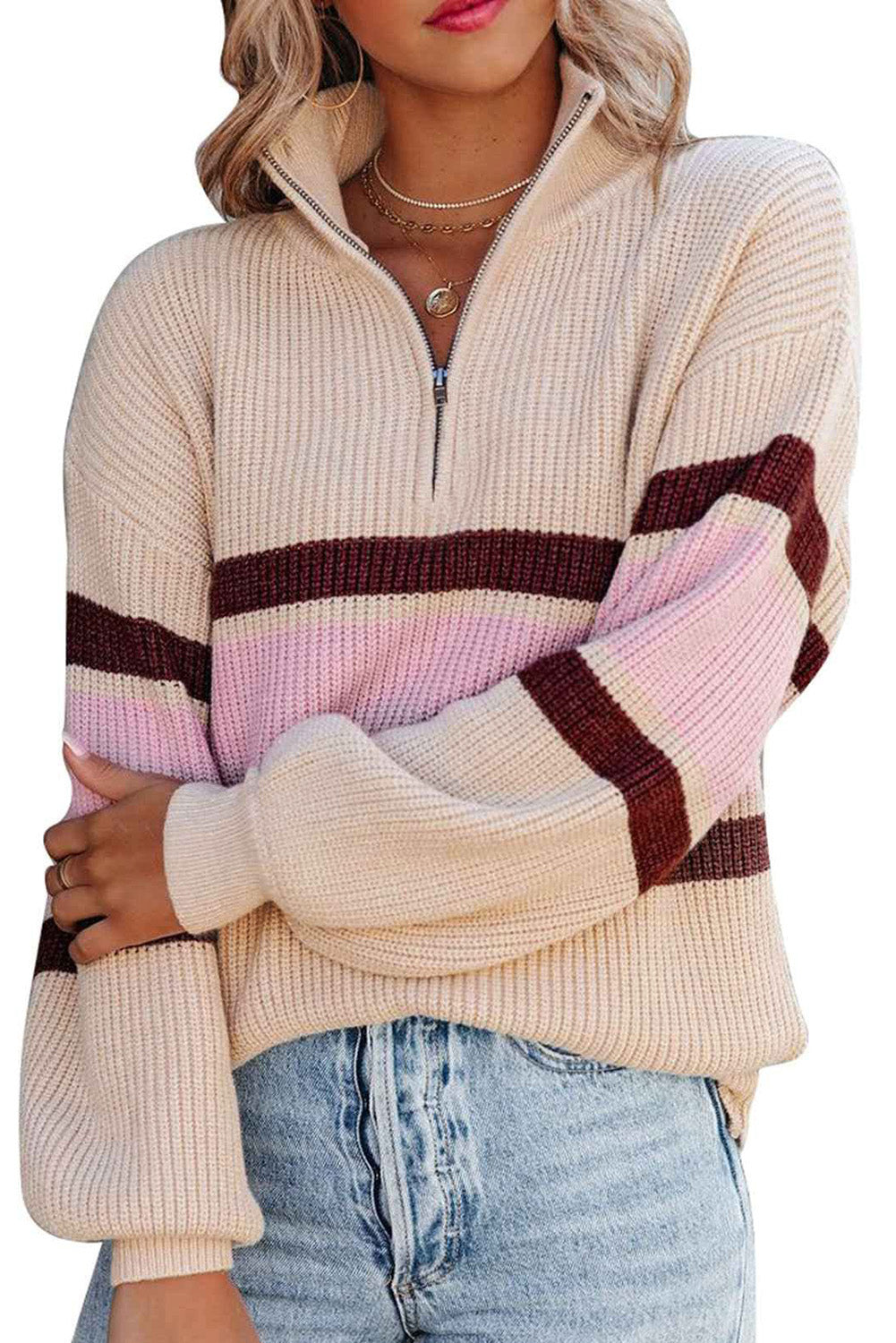 Maglione con colletto con zip in maglia a blocchi di colore a righe color albicocca
