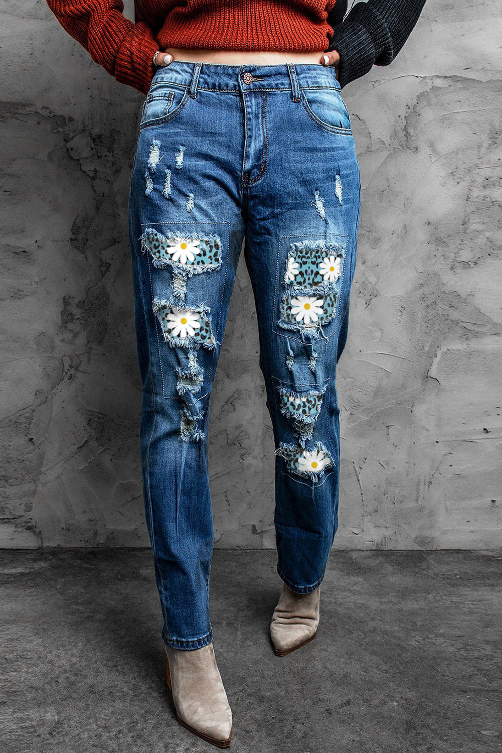 Daisy Leopard Patchwork Distressed Straight Jeans