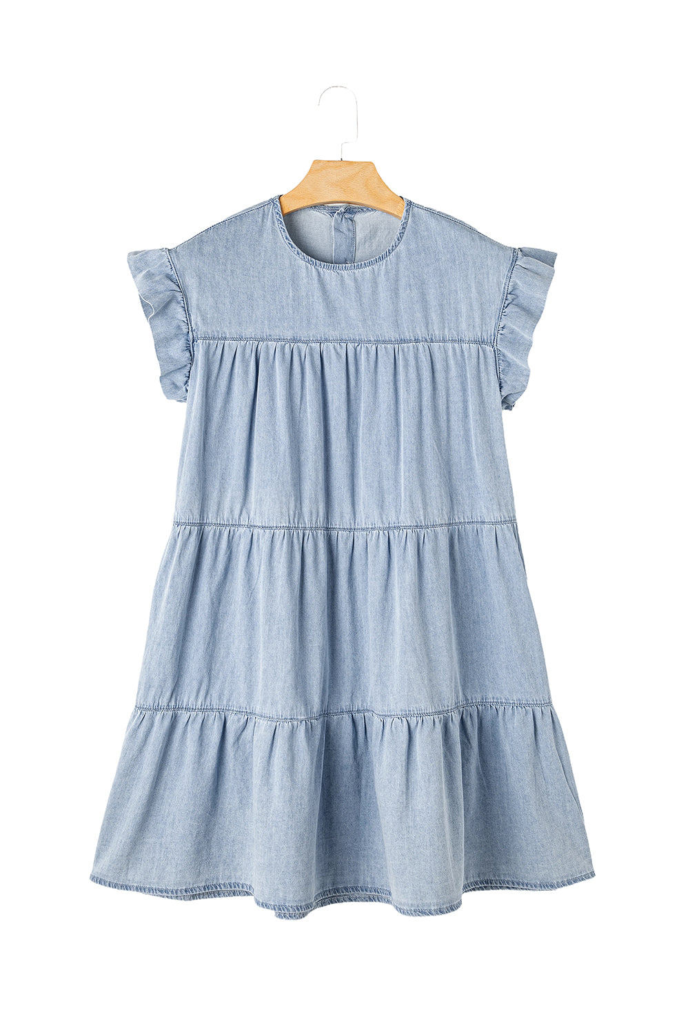 Beau Blue Ruffle Short Sleeve Tiered A-line Denim Dress