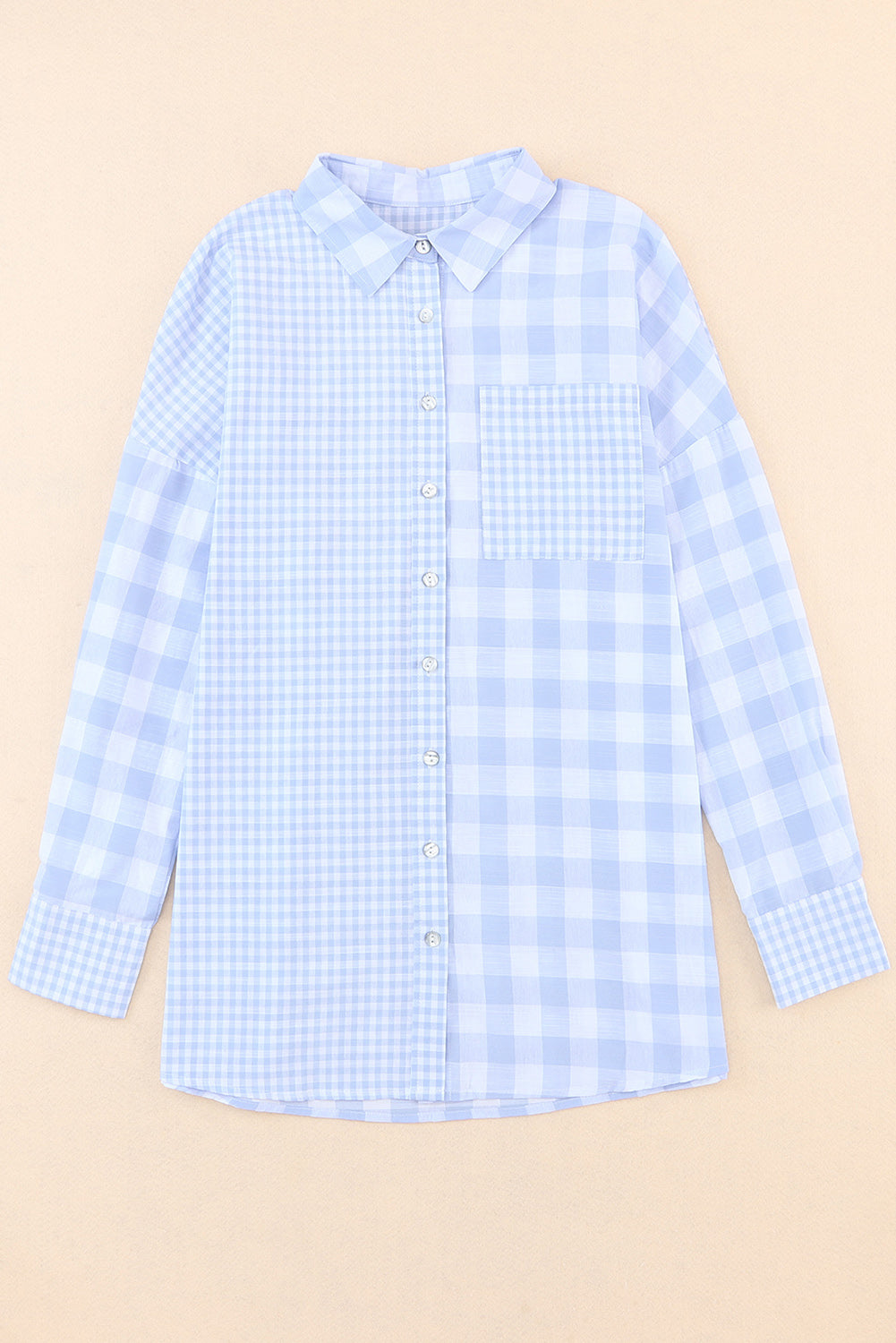 Camicia a maniche lunghe patchwork a quadri mix azzurro cielo