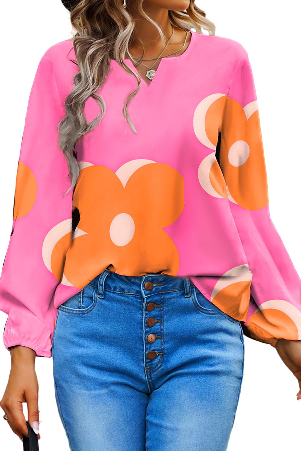 Bonbon-Bluse mit gekerbtem V-Ausschnitt und Blumendruck