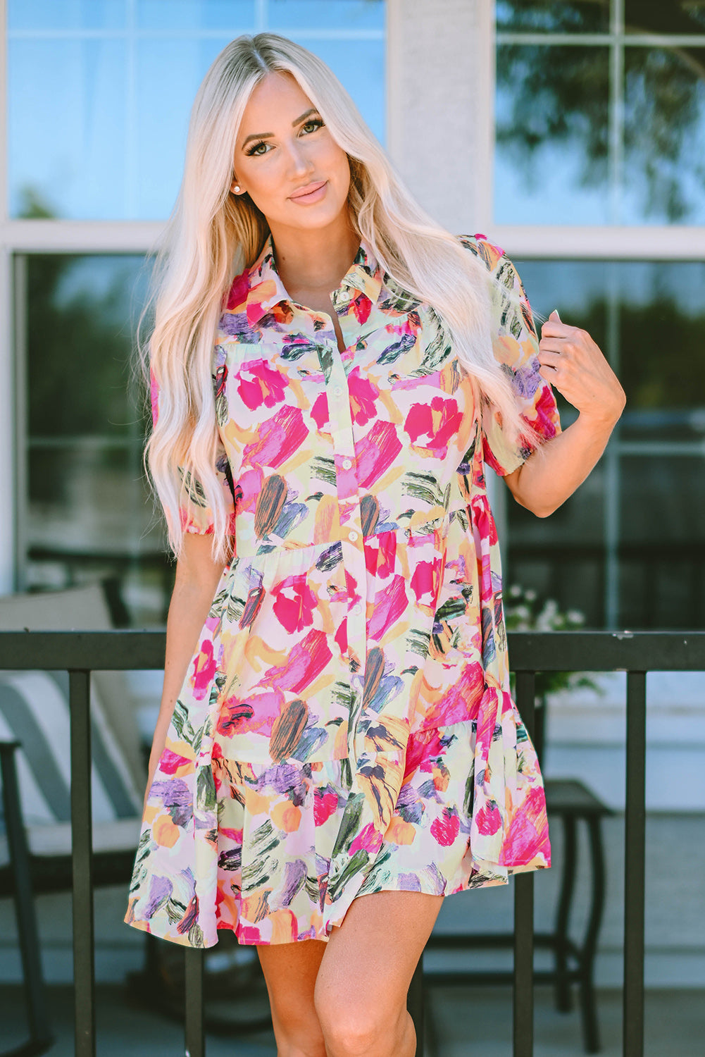 Multicolor Floral Print Short Sleeve Shirt Dress