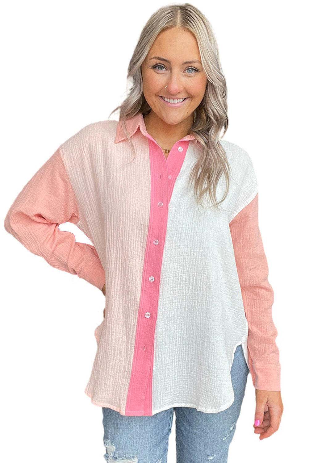 Rožnata srajca z dolgimi rokavi v obliki patchwork Crinkle