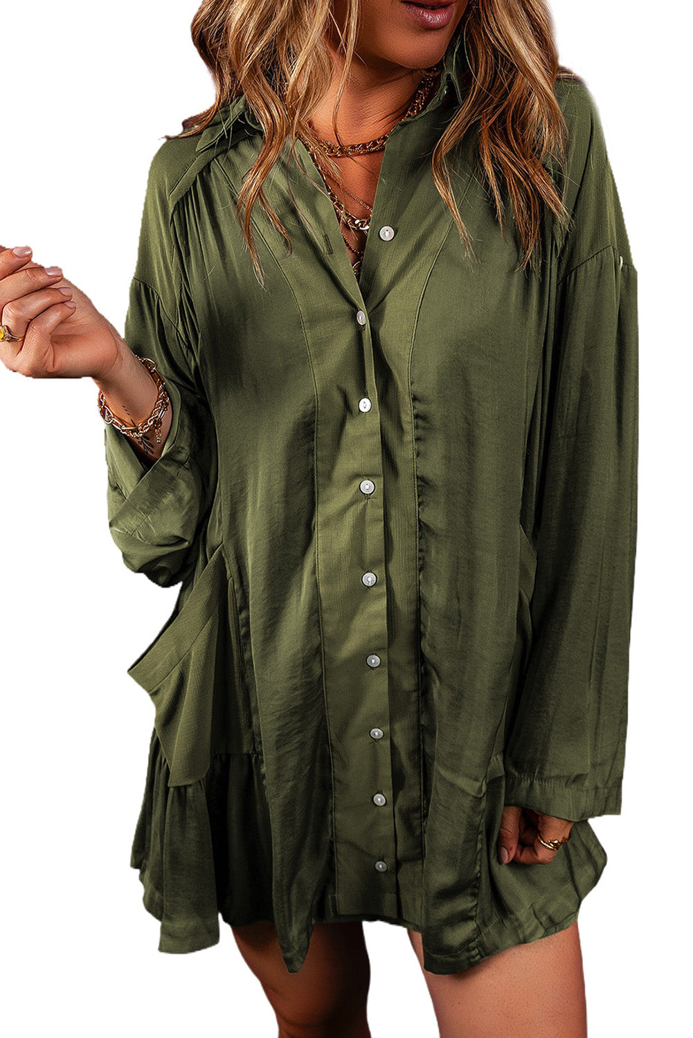Pickle zelena ohlapna srajčna obleka z žepi in naborkanimi robovi