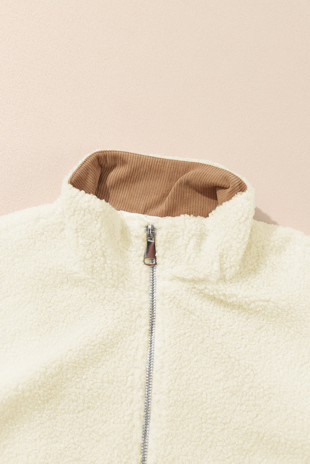 White Contrast Patched Pocket Zipped Sherpa Jacket