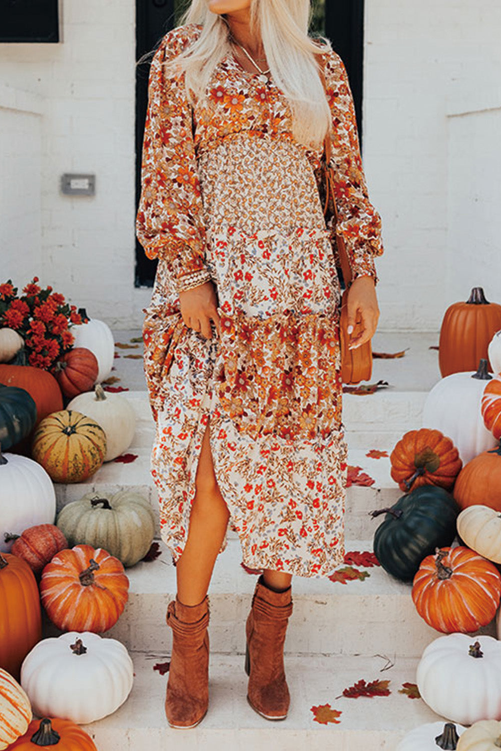 Midi haljina dugih rukava s v-izrezom i naboranim cvjetnim printom kaki boje